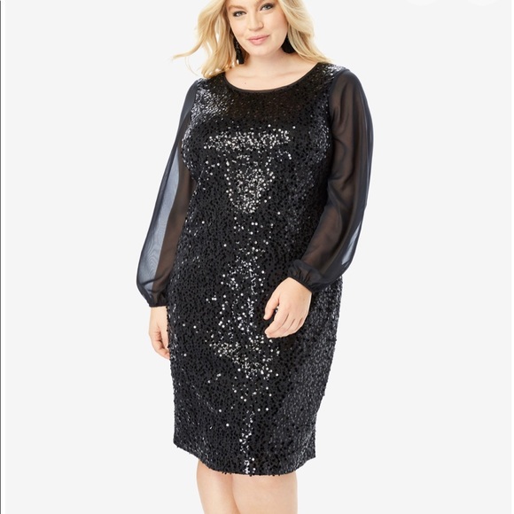 Roaman's Dresses | Sequined Dress with Sheer Sleeves Nwt | Color: Black/Silver | Size: 22W | Leapeea's Closet